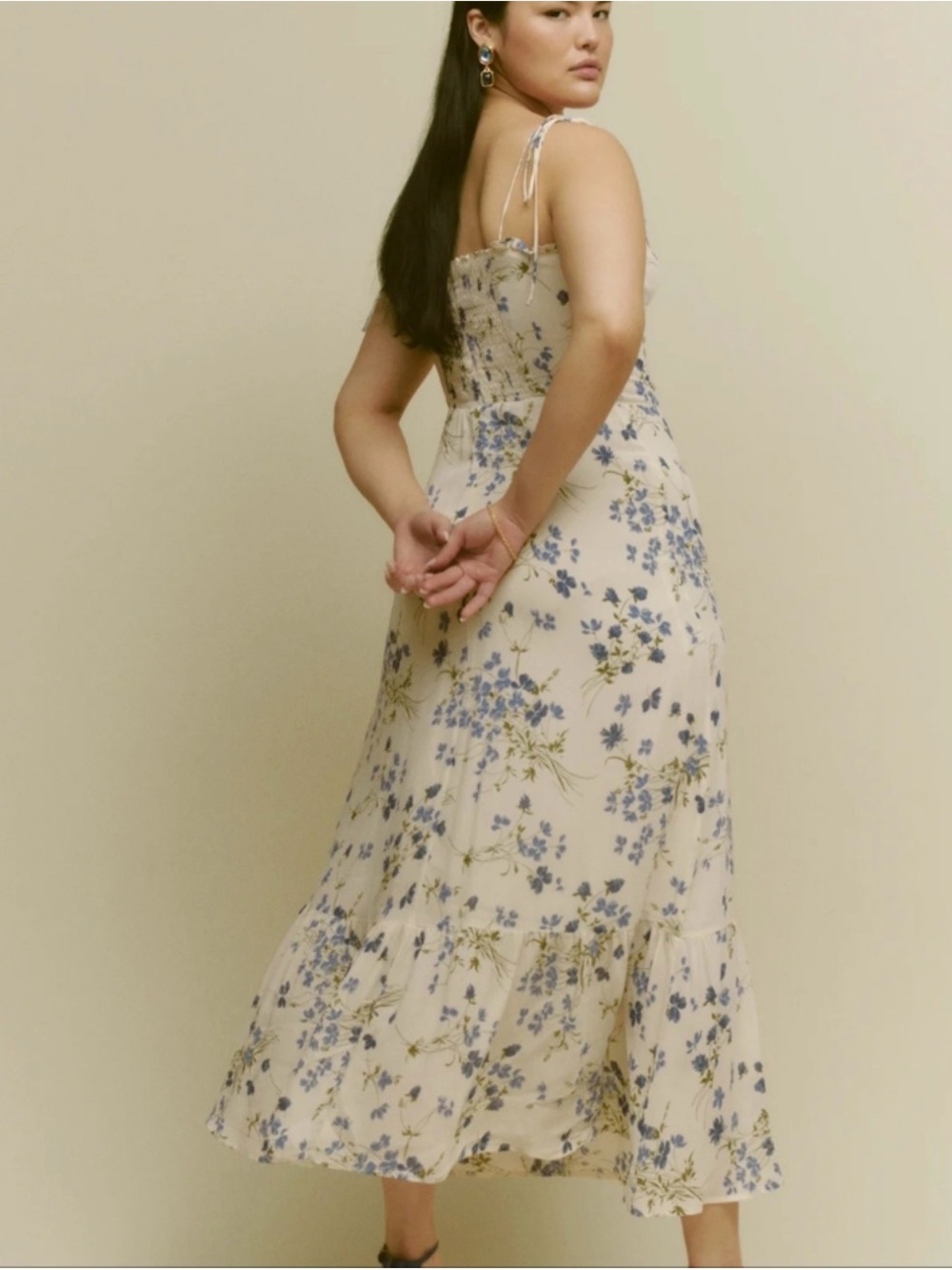 Reformation Enya Midi Dress Clarita Blue Floral Smocked Tie Strap Sweetheart 12 - Picture 6 of 12
